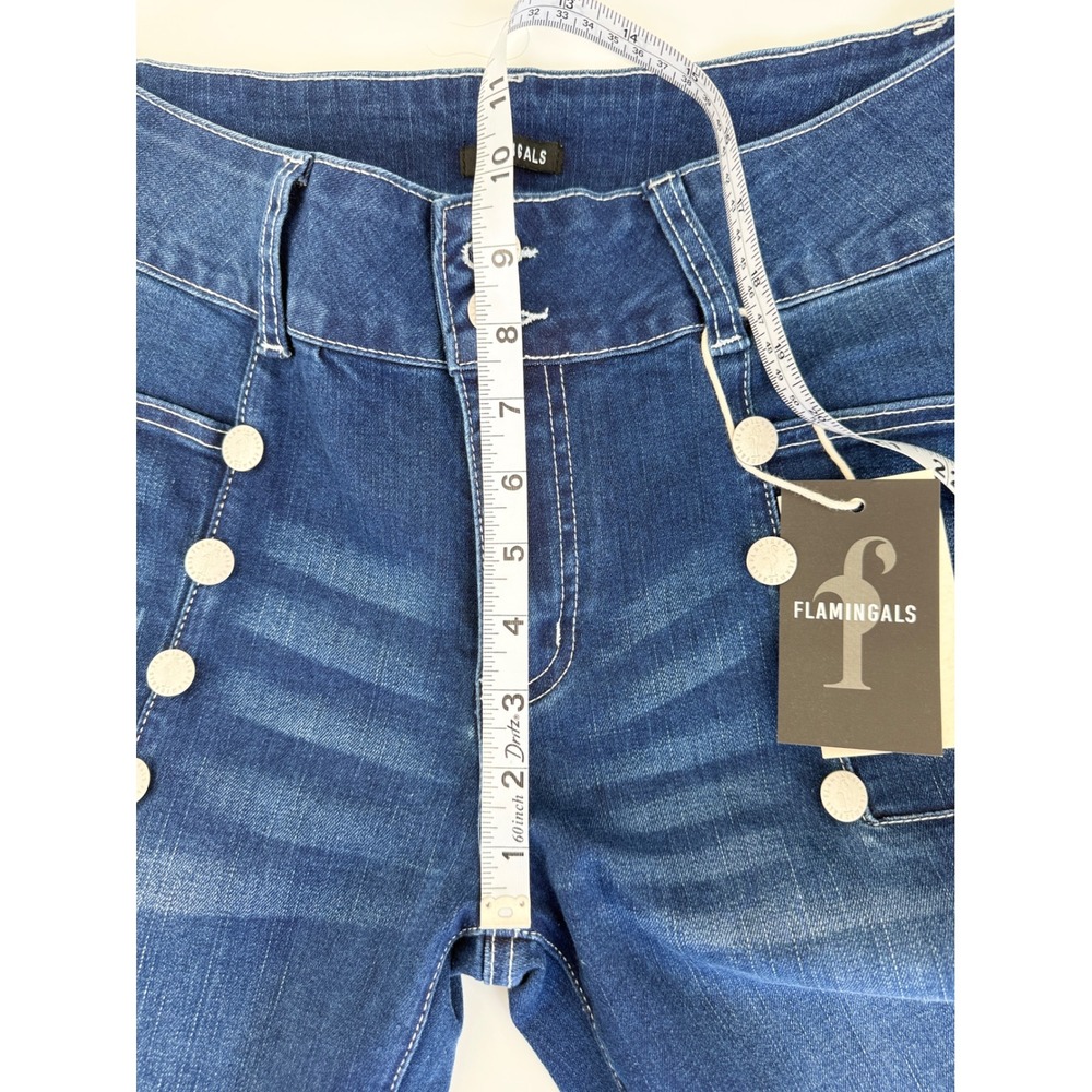 Flamingals Womens High Waisted Sailor Button Jeans Dark Wash Distressed Size L - Picture 7 of 9